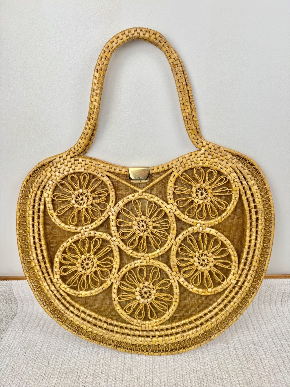 Vintage Italian Woven Straw Handbag Floral Rattan Tote Bag - Golden Tan